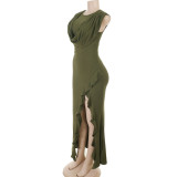 Women Cowl Neck Slit Sleeveless Ruffled Maxi Dress
