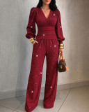 Women Fall Winter V-Neck Lantern Sleeve Ruched Top & Draped Wide Leg Pants Two Piece Set