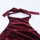 Women Halter Neck Gold Velvet Ruched Mermaid Formal Party Bodycon Dress