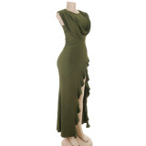 Women Cowl Neck Slit Sleeveless Ruffled Maxi Dress