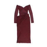 Women Off Shoulder Mesh Patchwork Long Sleeve Ruched Slit Formal Party Dress