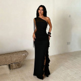 Women Elegant Mesh Patchwork Halter Neck Slit Dress