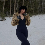 Women Leopard Print Faux Fur Shawl Coat
