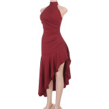 Women Sexy Spaghetti Strap Backless Ruffled Asymmetrical Dress