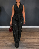 Women Fall Winter Sequin V-Neck Sleeveless Top & Wide Leg Pants Two Piece Set