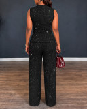Women Fall Winter Sequin V-Neck Sleeveless Top & Wide Leg Pants Two Piece Set