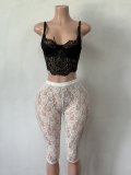 Women Sexy Spaghetti Strap Lace Cutout Mesh Top & Capri Pants Two Piece Set