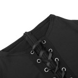 Women Long Sleeve Lace-Up Patchwork Black Bodycon Dress