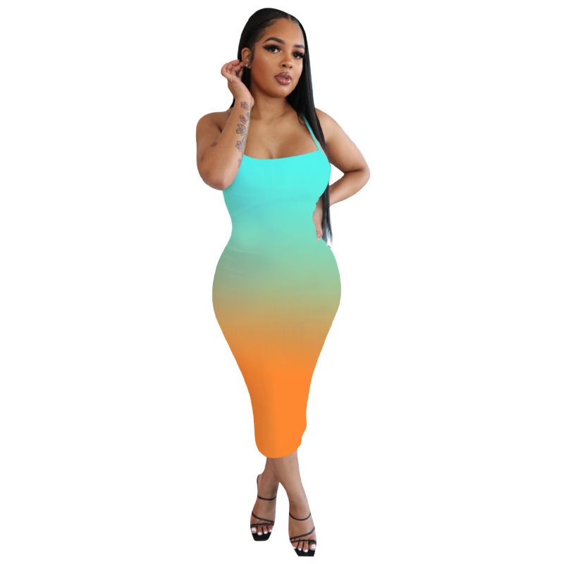 Gradient Color Gallus Sexy Casual Dress