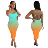 Gradient Color Gallus Sexy Casual Dress