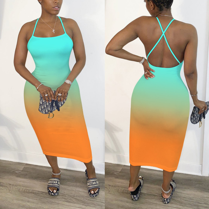 Gradient Color Gallus Sexy Casual Dress