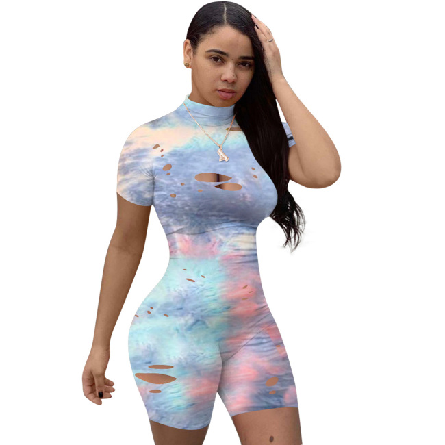 Burnt Hole Tie-Dye Printed Tight Jumpsuit