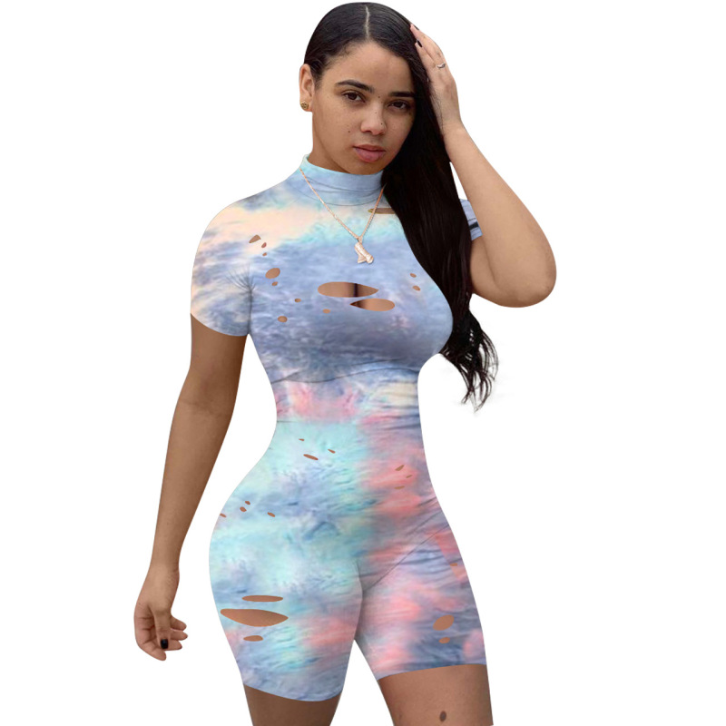 Burnt Hole Tie-Dye Printed Tight Jumpsuit