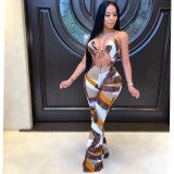 Stylish Print Sexy Slim Neck Tie Jumpsuit