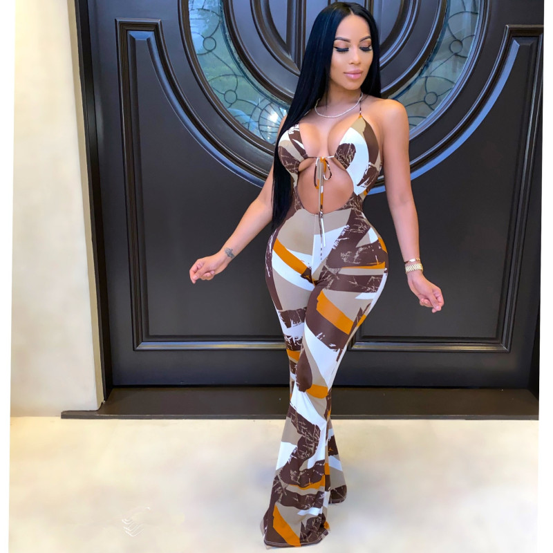 Stylish Print Sexy Slim Neck Tie Jumpsuit
