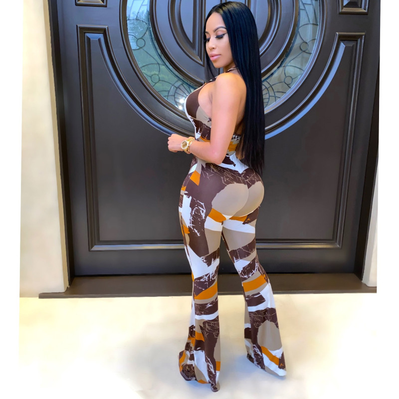 Stylish Print Sexy Slim Neck Tie Jumpsuit