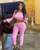 Long Sleeve Solid Color Elastic Waist Running Two Piece Suit