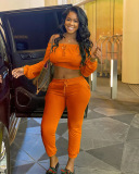 Long Sleeve Solid Color Elastic Waist Running Two Piece Suit