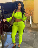 Long Sleeve Solid Color Elastic Waist Running Two Piece Suit