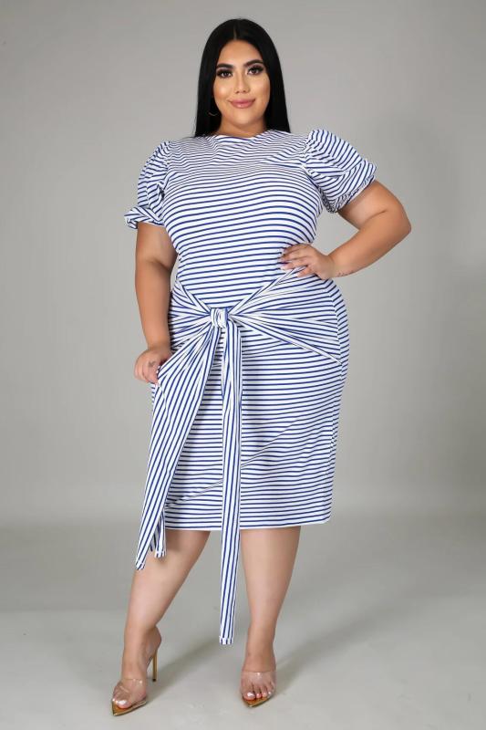 Round Neck Stripes Short Sleeves Causal Dress