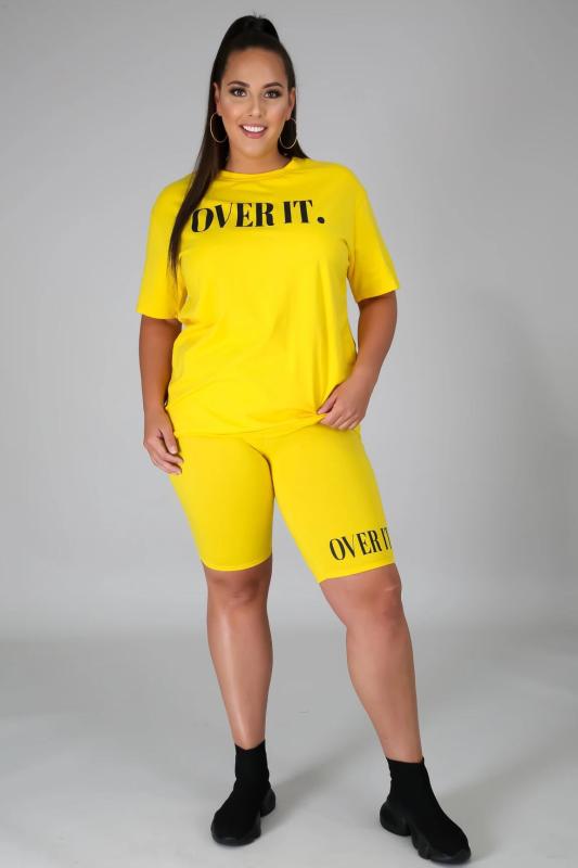 Letter Printed Solid Color Round Neck Short Causal Two Piece Suit