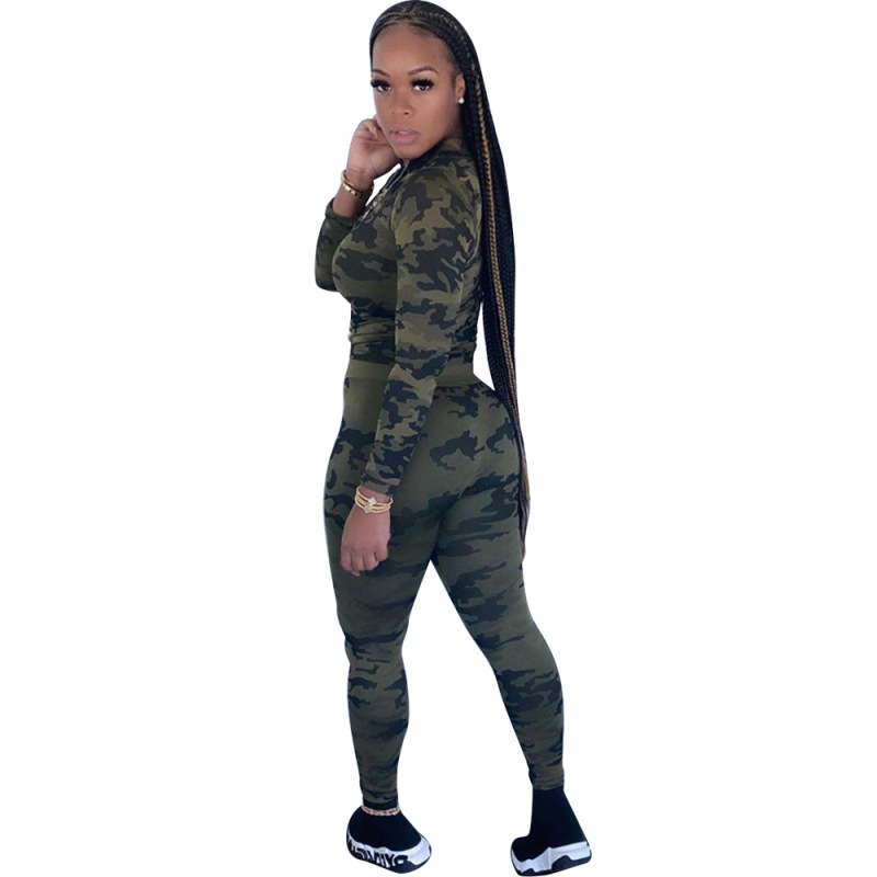 Tight Navy Camouflage Printed Long Sleeve Casual Sports Two Piece Set