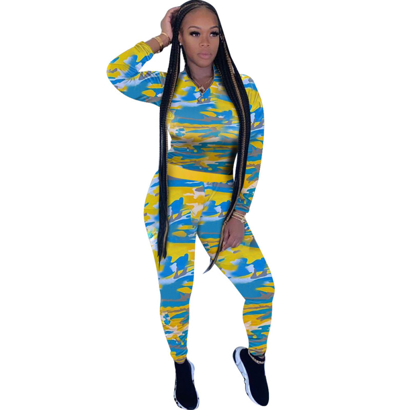 Tight Navy Camouflage Printed Long Sleeve Casual Sports Two Piece Set