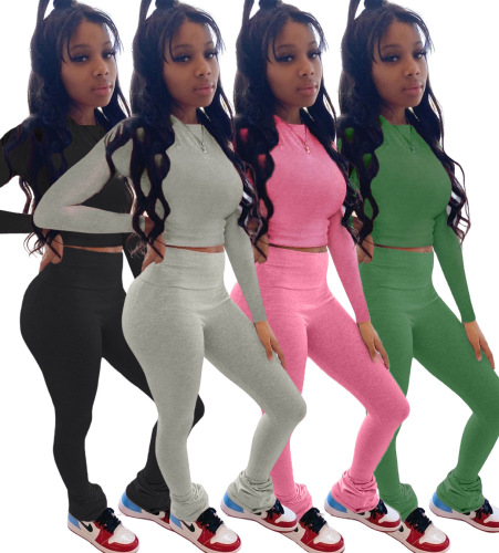 Solid-color Bell Bottoms Long Sleeves High Waist And Buttocks Two Piece Set