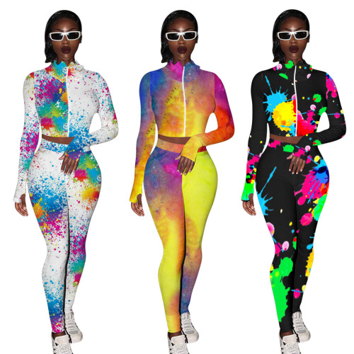 Printed Zipper Sweatpants Two-Piece Set