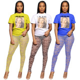 Short Sleeve Mesh Long Pants Printed Two Piece Set