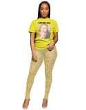 Short Sleeve Mesh Long Pants Printed Two Piece Set