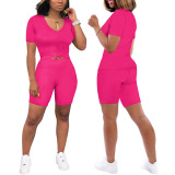 Solid Color Short Sleeved Pants Two Piece Set