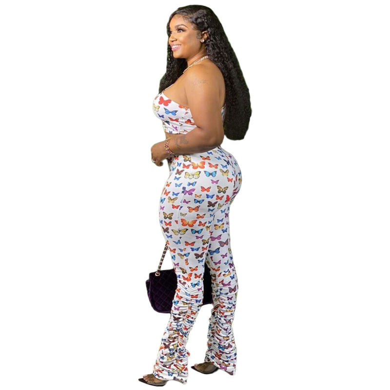 One-Sleeve Top Long Pants Butterfly Printed Two Piece Set