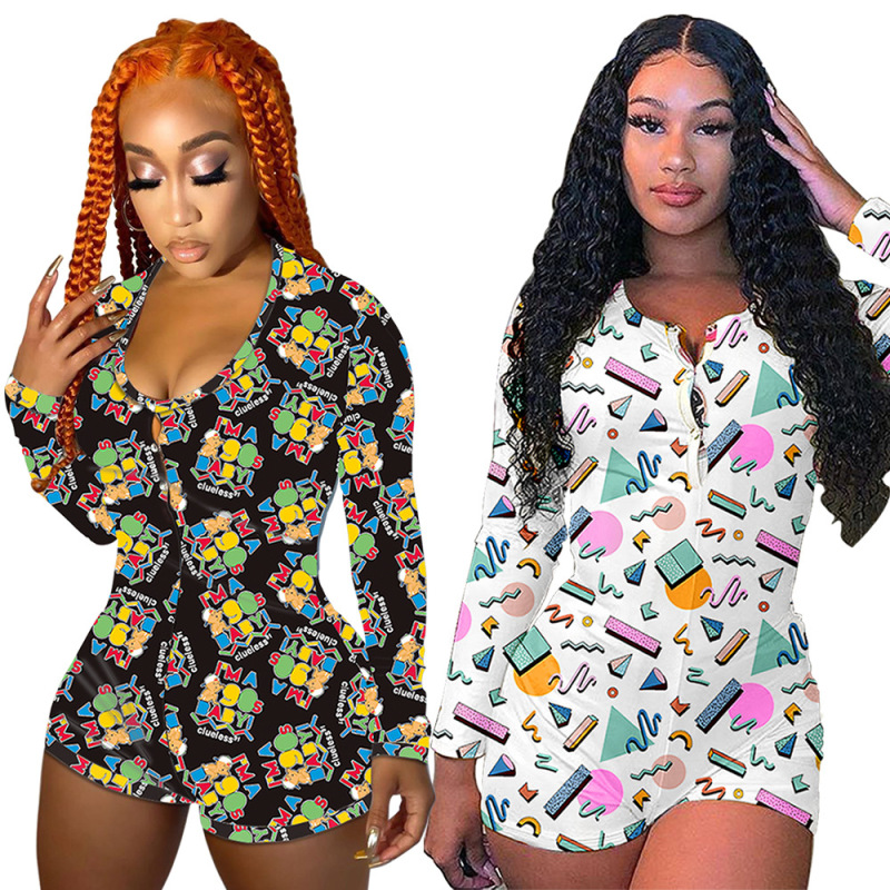 Printed Long Sleeve Shorts Jumpsuit 