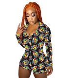 Printed Long Sleeve Shorts Jumpsuit 