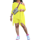 Fashion Diagonal Shoulder Irregular Slim Middle Pants Two-Piece Set