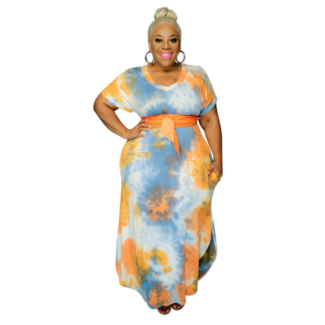 Tie-Dye Printed Loose V-Neck Causal Dress(With Pocket)