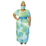 Tie-Dye Printed Loose V-Neck Causal Dress(With Pocket)