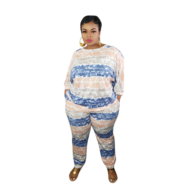 Printed Loose Stripe Causal Long Pants Two Piece Set
