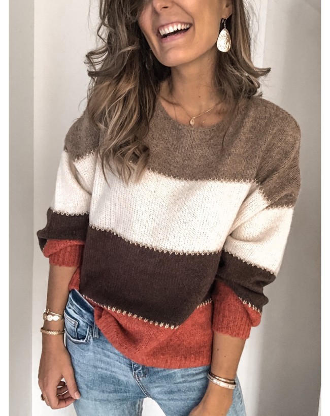 Long Sleeve Colorblock Crew Neck Sweater Top