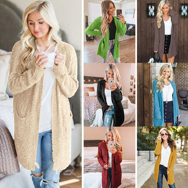 Solid Color Long Sweater Coat With Pocket