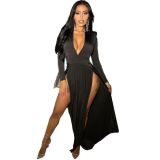 Deep V-Neck Long Sleeve High Slit Sexy dress
