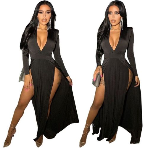 Deep V-Neck Long Sleeve High Slit Sexy dress