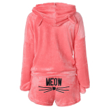 Cat Pattern Cozy Plush Night Wear Two Pieces Set