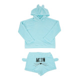 Cat Pattern Cozy Plush Night Wear Two Pieces Set