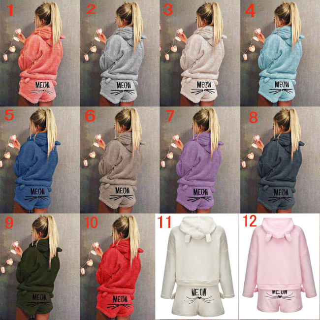 Cat Pattern Cozy Plush Night Wear Two Pieces Set