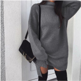 Long Sleeve High Neck Slit Knit Causal Dress 