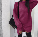 Long Sleeve High Neck Slit Knit Causal Dress 