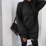 Long Sleeve High Neck Slit Knit Causal Dress 