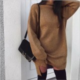 Long Sleeve High Neck Slit Knit Causal Dress 